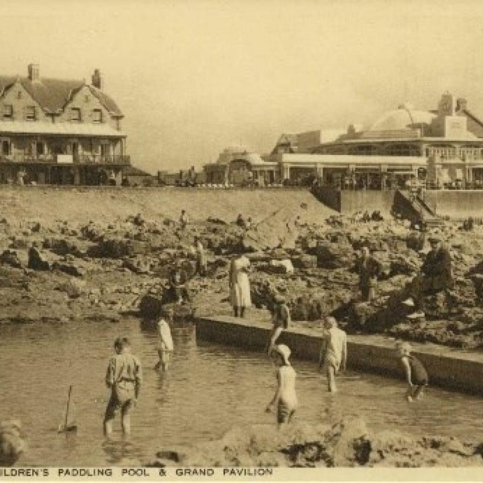 Children's paddling pool and Grand Pavilion, 1930.